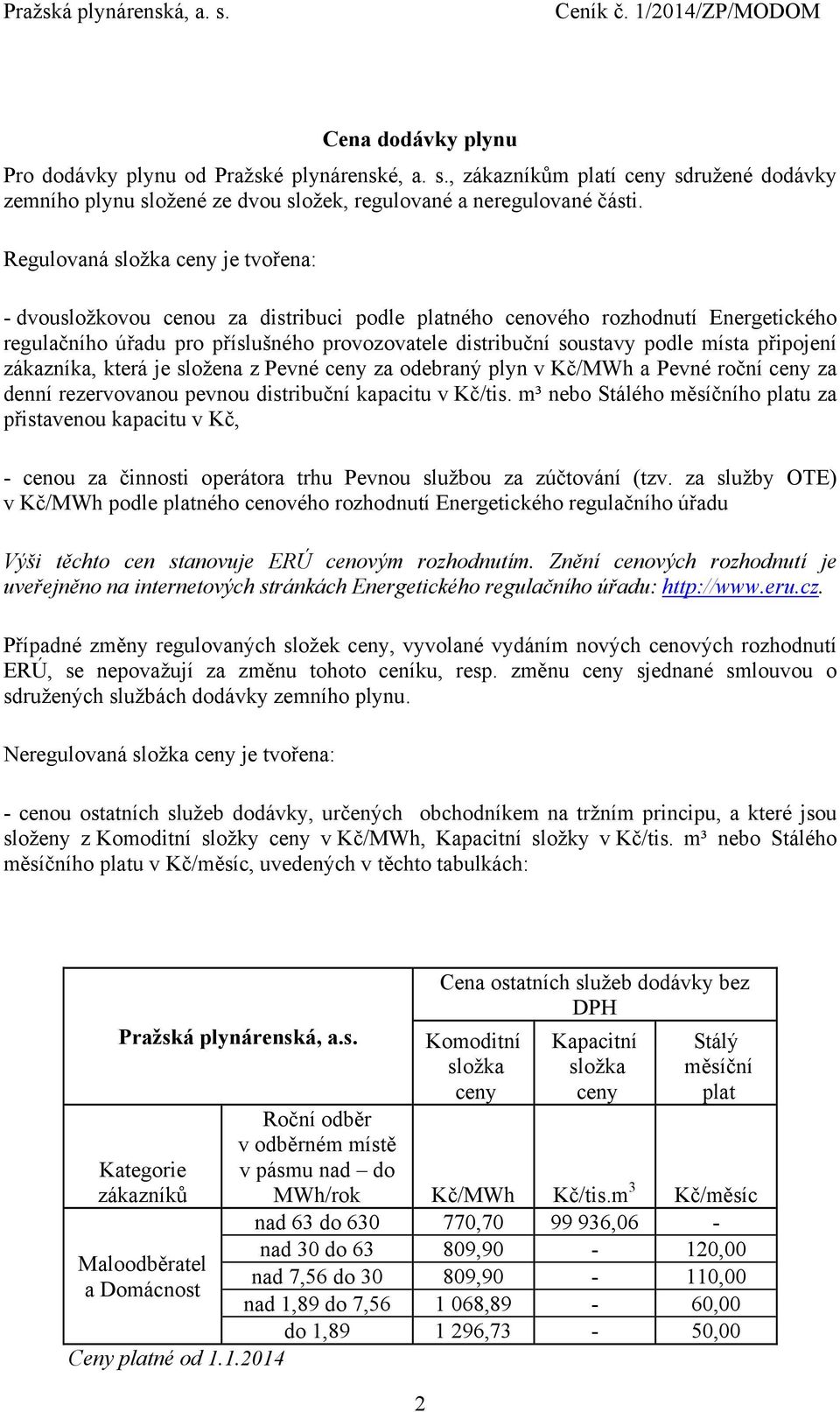 zákazníka, která je složena z Pevné za odebraný plyn v Kč/MWh a Pevné roční za denní rezervovanou pevnou distribuční kapacitu v Kč/tis.