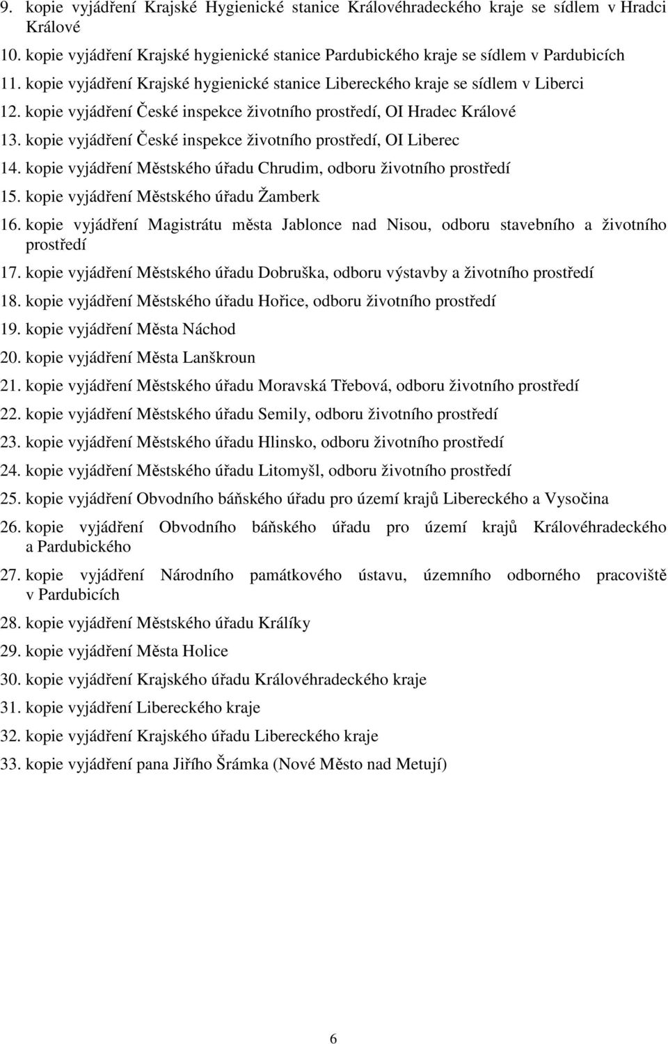 kopie vyjádření České inspekce životního prostředí, OI Liberec 14. kopie vyjádření Městského úřadu Chrudim, odboru životního prostředí 15. kopie vyjádření Městského úřadu Žamberk 16.