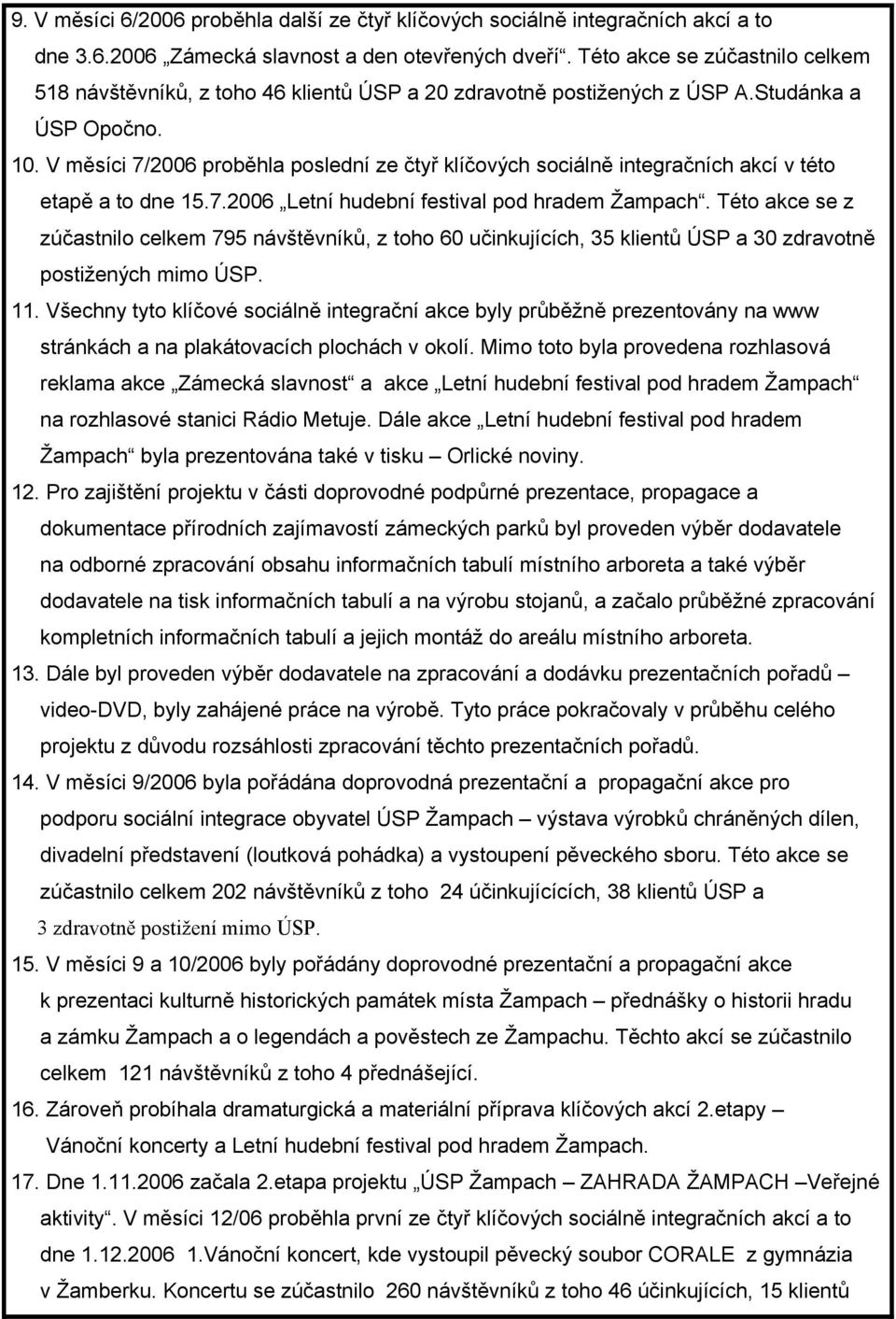 V měsíci 7/2006 proběhla poslední ze čtyř klíčových sociálně integračních akcí v této etapě a to dne 15.7.2006 Letní hudební festival pod hradem Žampach.