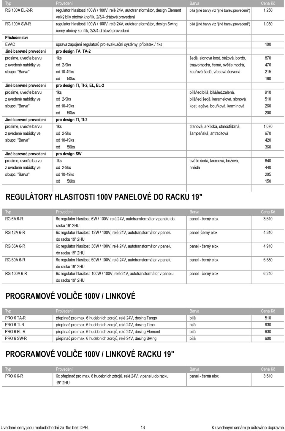 provedení") 1 080 EVAC úprava zapojení regulátorů pro evakuační systémy, příplatek / 1ks 100 Jiné barevné provedení pro design TA, TA-2 prosíme, uveďte barvu 1ks šedá, slonová kost, béžová, bordó,