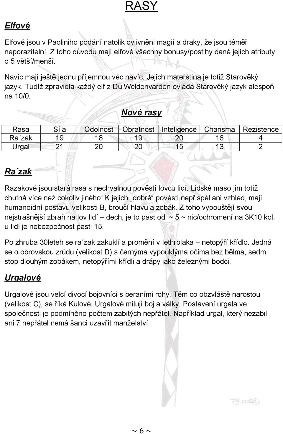 Nové rasy Rasa Síla Odolnost Obratnost Inteligence Charisma Rezistence Ra zak 19 18 19 20 16 4 Urgal 21 20 20 15 13 2 Ra zak Razakové jsou stará rasa s nechvalnou pověstí lovců lidí.
