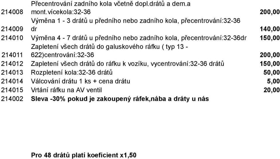 přecentrování:32-36dr 150,00 214011 Zapletení všech drátů do galuskového ráfku ( typ 13-622)centrování:32-36 200,00 214012 Zapletení všech drátů do ráfku k