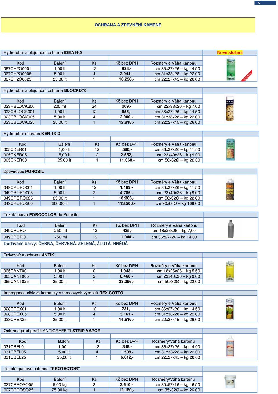 298,- cm 22x27x45 kg 26,00 Hydrofobní a olejofobní ochrana BLOCKD70 023HBLOCK200 200 ml 24 209,- cm 22x33x20 kg 7,00 023CBLOCK001 1,00 lt 12 655,- cm 36x27x26 kg 14,50 023CBLOCK005 5,00 lt 4 2.