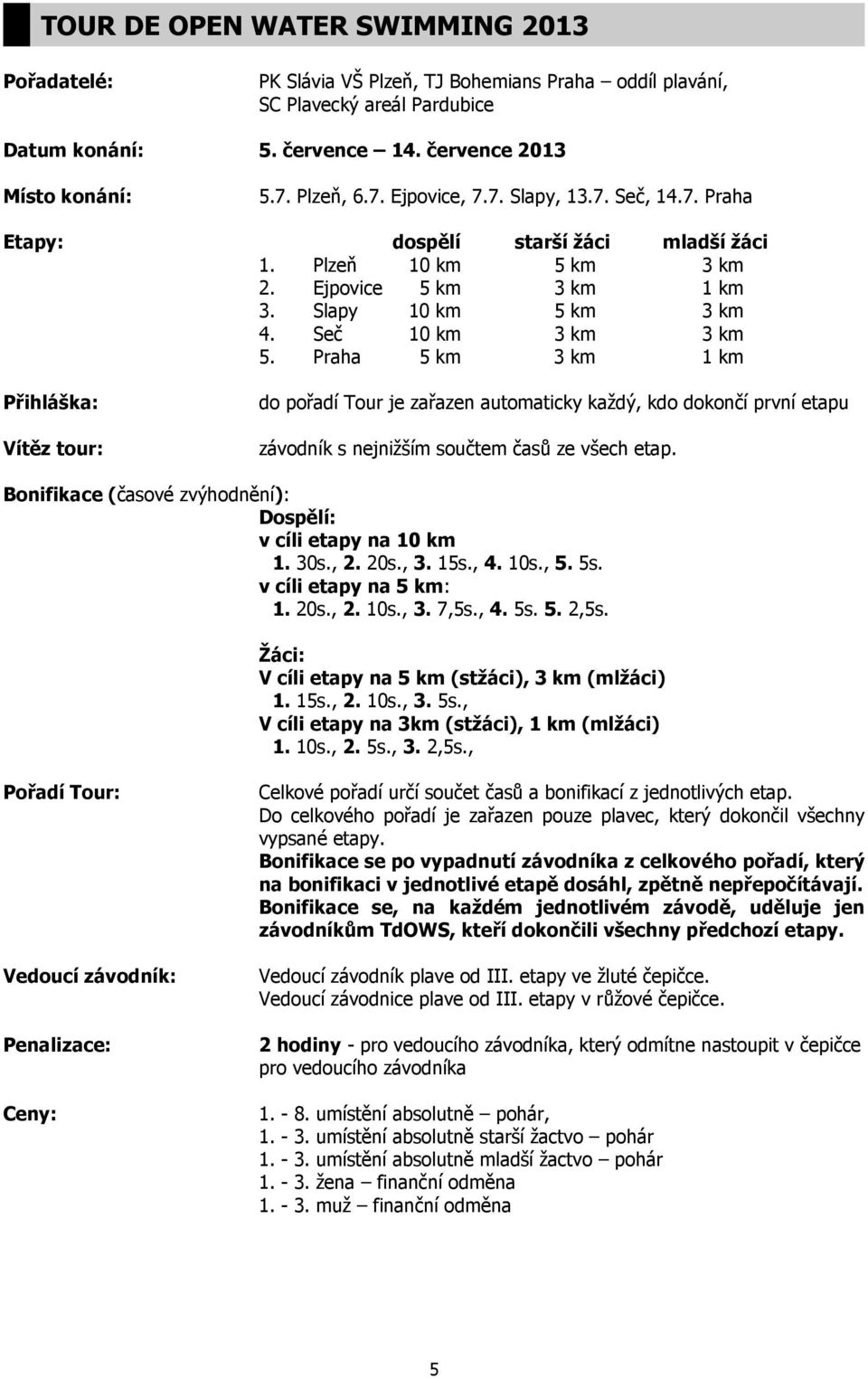 Praha 5 km 3 km 1 km Přihláška: Vítěz tour: do pořadí Tour je zařazen automaticky každý, kdo dokončí první etapu závodník s nejnižším součtem časů ze všech etap.