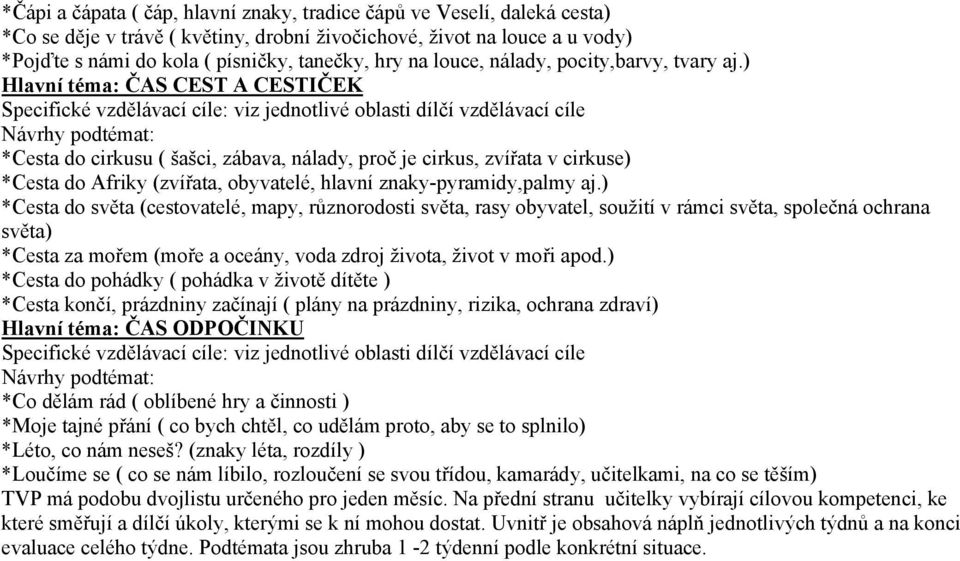 ) Hlavní téma: ČAS CEST A CESTIČEK *Cesta do cirkusu ( šašci, zábava, nálady, proč je cirkus, zvířata v cirkuse) *Cesta do Afriky (zvířata, obyvatelé, hlavní znaky-pyramidy,palmy aj.