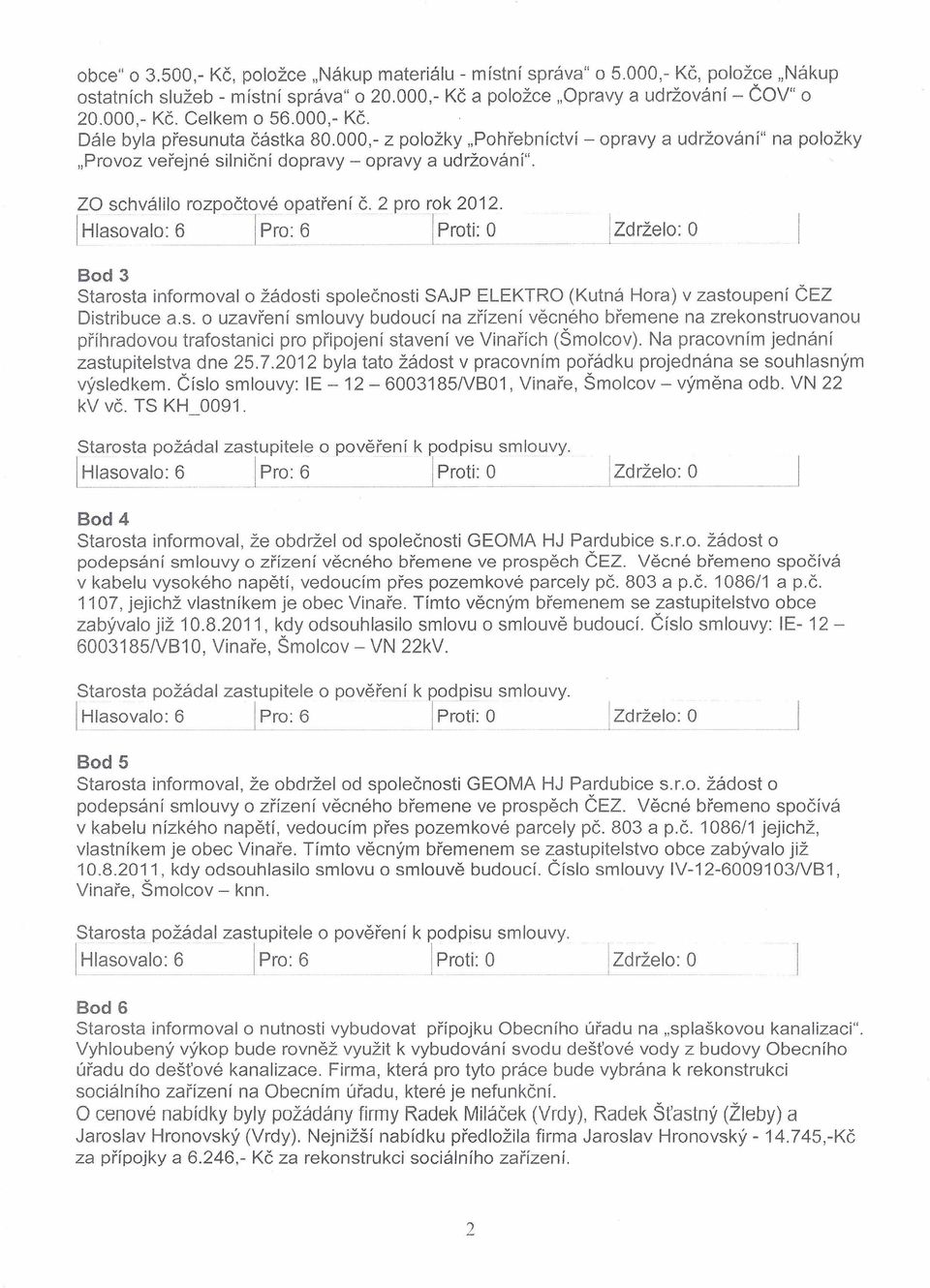 2 pro rok 2012. I Hlasovalo: 6Fro: 6 Proti: O Zdrželo: O Bod 3 Starosta informovalo žádosti společnosti SAJP ELEKTRO (Kutná Hora) v zastoupení ČEZ Distribuce a.s. o uzavření smlouvy budoucí na zřízení věcného břemene na zrekonstruovanou příhradovou trafostanici pro připojení stavení ve Vinařích (Šmolcov).