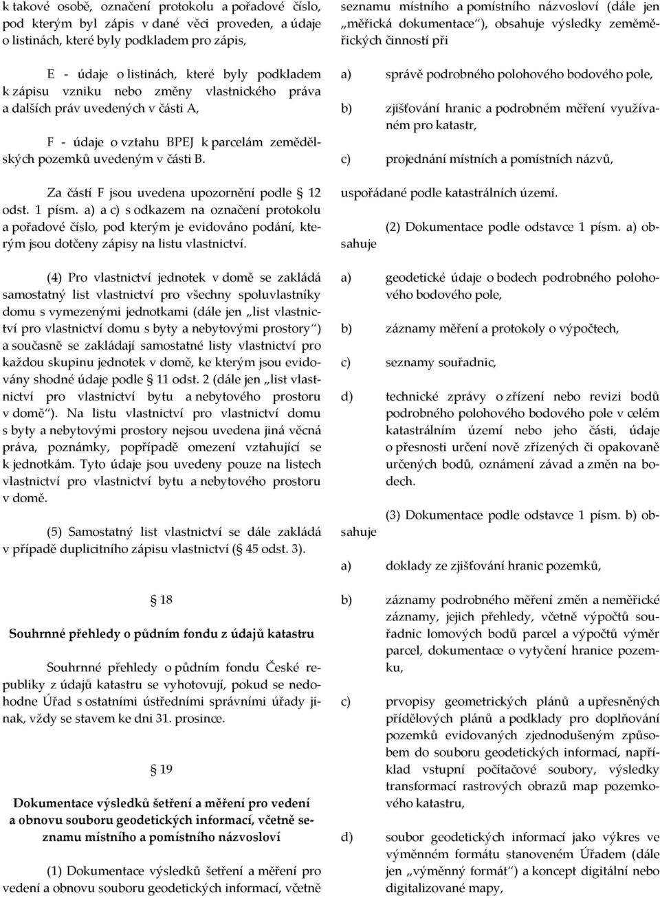 Za částí F jsou uvedena upozornění podle 12 odst. 1 písm. a) a c) s odkazem na označení protokolu a pořadové číslo, pod kterým je evidováno podání, kterým jsou dotčeny zápisy na listu vlastnictví.