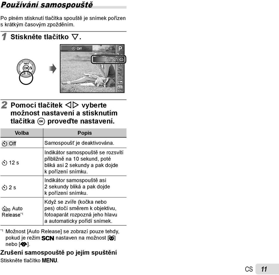 Indikátor samospouště se rozsvítí přibližně na 10 sekund, poté bliká asi 2 sekundy a pak dojde k pořízení snímku. Indikátor samospouště asi 2 sekundy bliká a pak dojde k pořízení snímku.