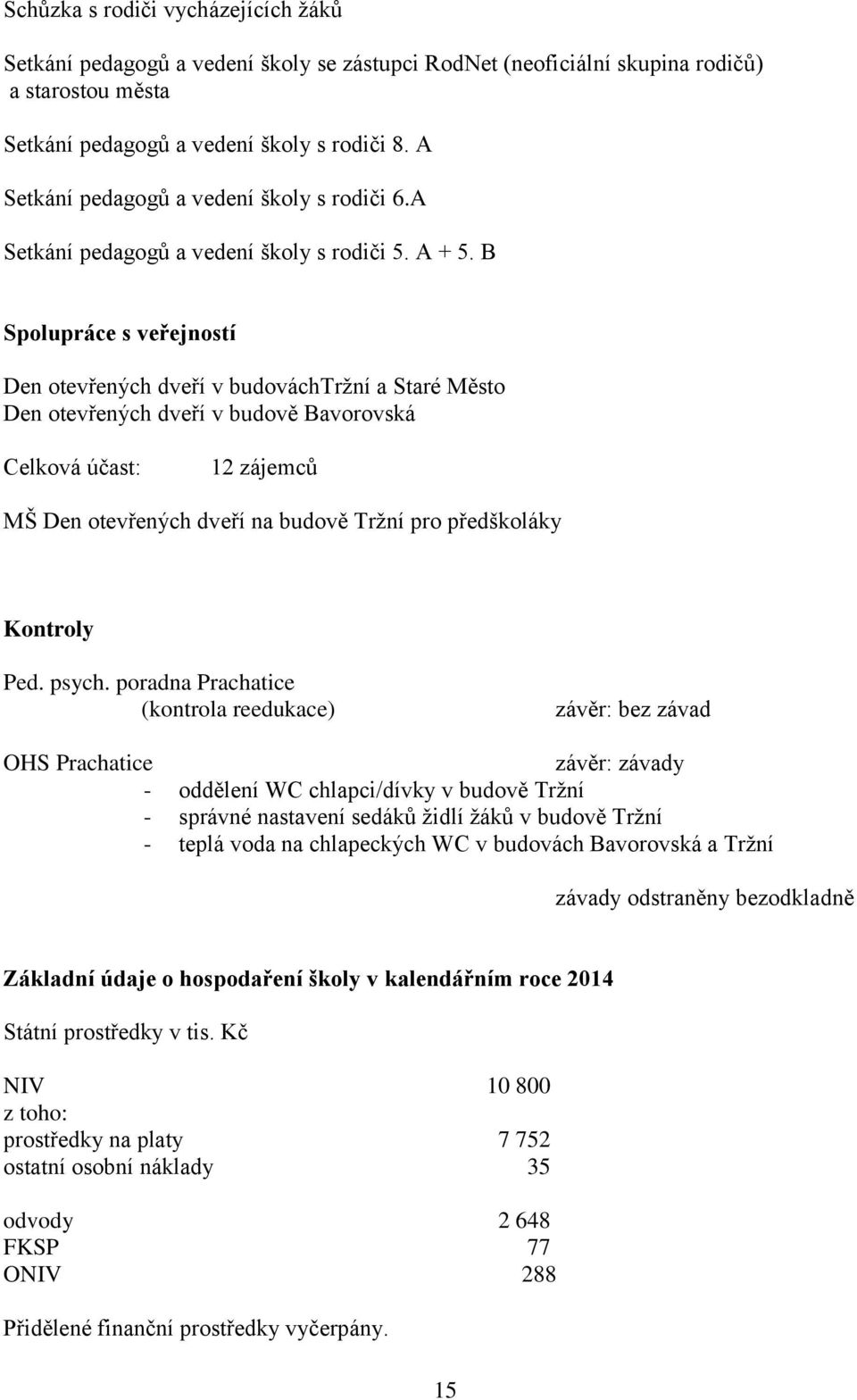 B Spolupráce s veřejností Den otevřených dveří v budováchtržní a Staré Město Den otevřených dveří v budově Bavorovská Celková účast: 12 zájemců MŠ Den otevřených dveří na budově Tržní pro předškoláky