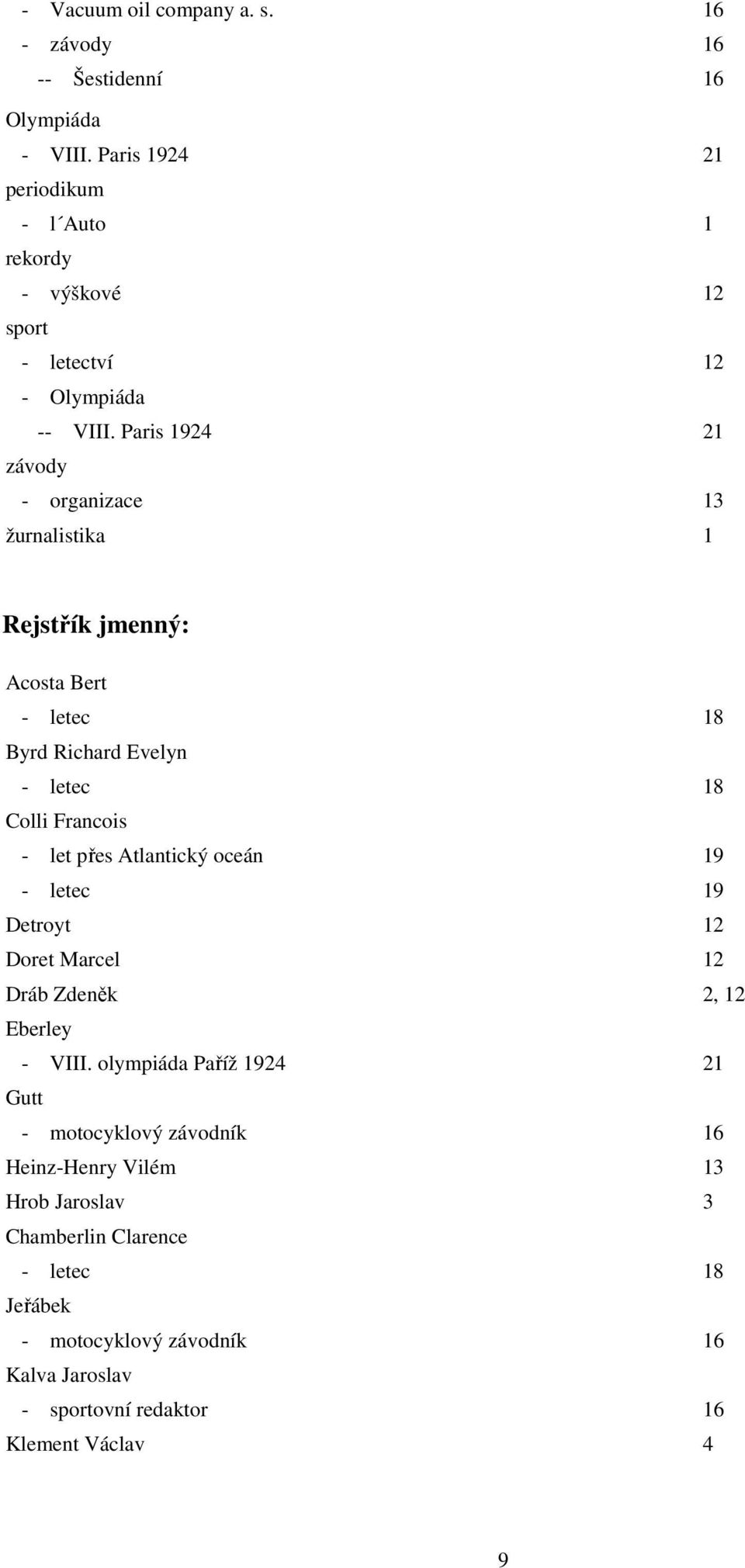 Paris 1924 21 závody - organizace 13 žurnalistika 1 Rejstřík jmenný: Acosta Bert - letec 18 Byrd Richard Evelyn - letec 18 Colli Francois - let přes