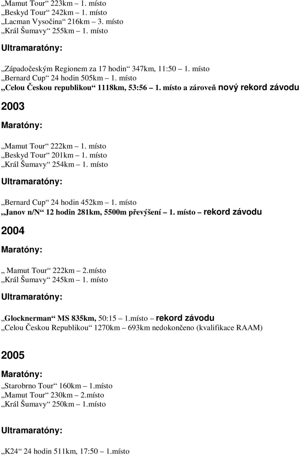 místo Král Šumavy 254km 1. místo Bernard Cup 24 hodin 452km 1. místo Janov n/n 12 hodin 281km, 5500m pevýšení 1. místo rekord závodu 2004 Mamut Tour 222km 2.místo Král Šumavy 245km 1.