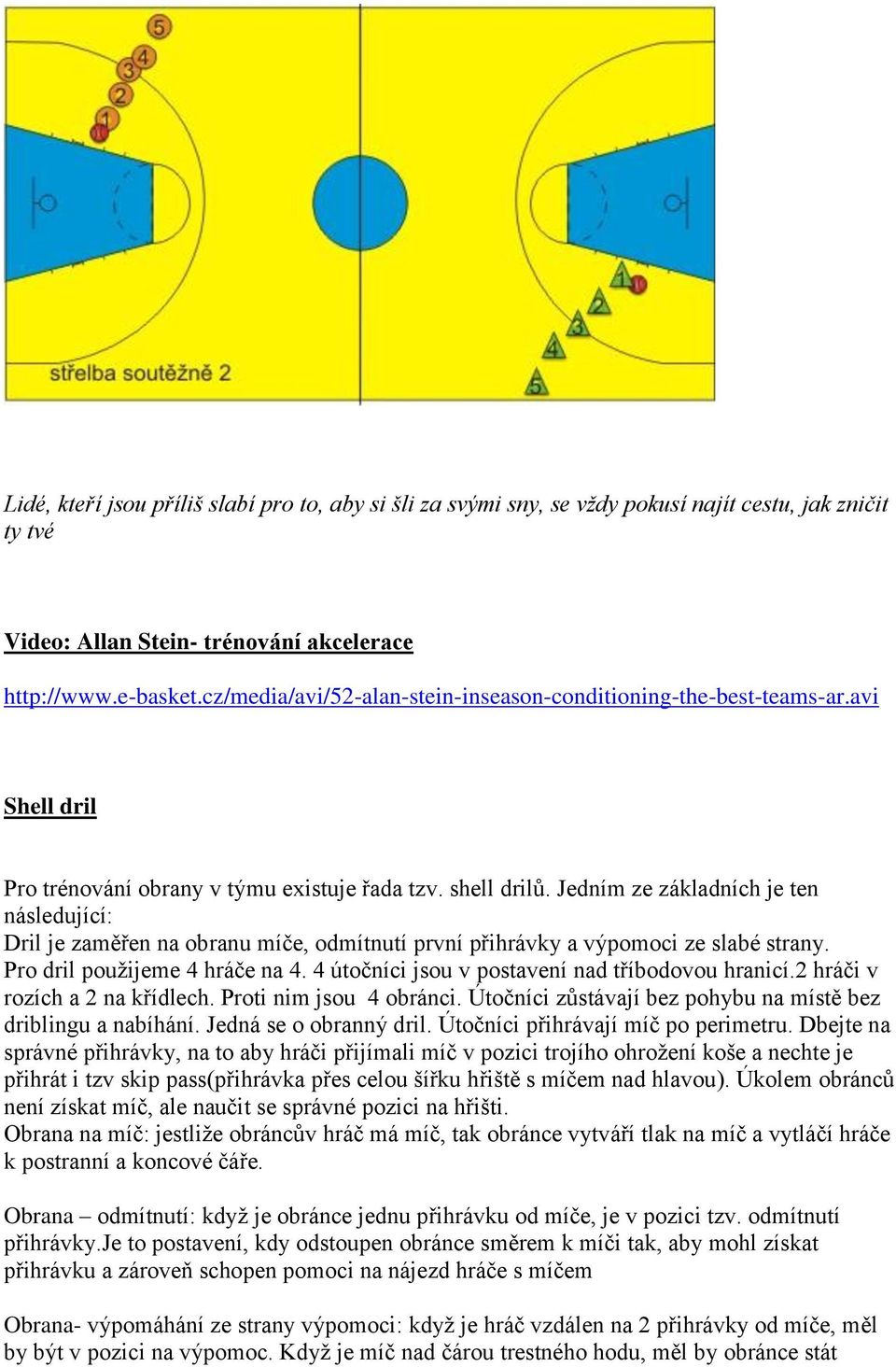 Jedním ze základních je ten následující: Dril je zaměřen na obranu míče, odmítnutí první přihrávky a výpomoci ze slabé strany. Pro dril použijeme 4 hráče na 4.