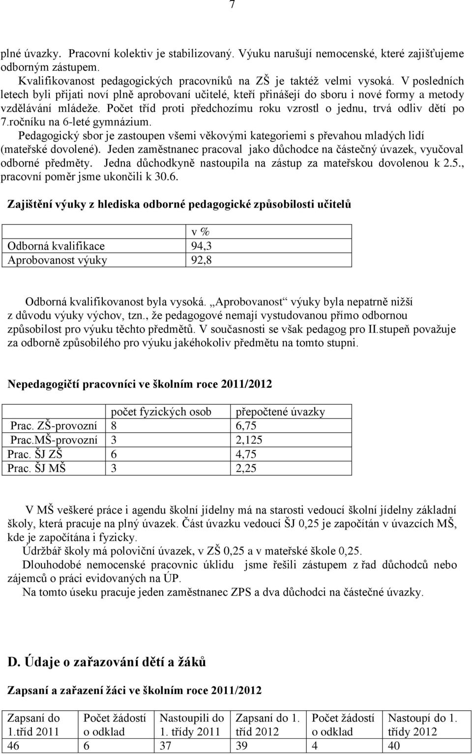 Počet tříd proti předchozímu roku vzrostl o jednu, trvá odliv dětí po 7.ročníku na 6-leté gymnázium.