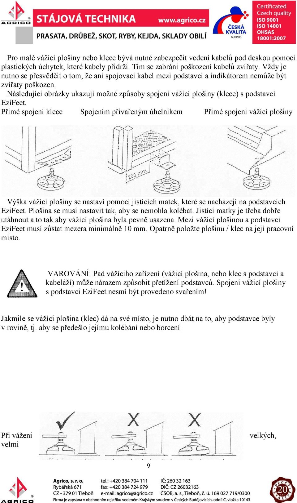 Následující obrázky ukazují možné způsoby spojení vážící plošiny (klece) s podstavci EziFeet.