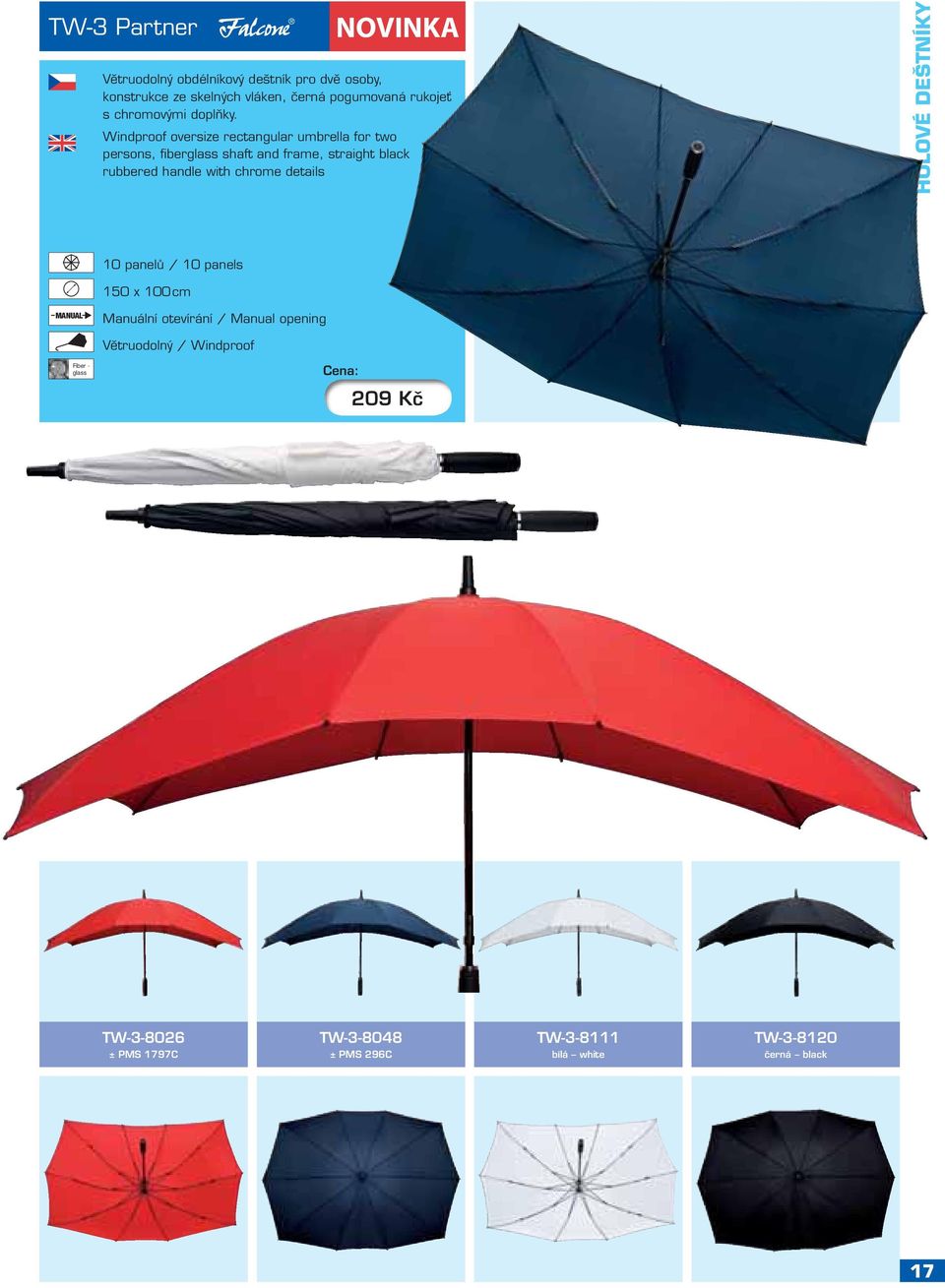 Windproof oversize rectangular umbrella for two persons, fiberglass shaft and frame, straight black rubbered handle with
