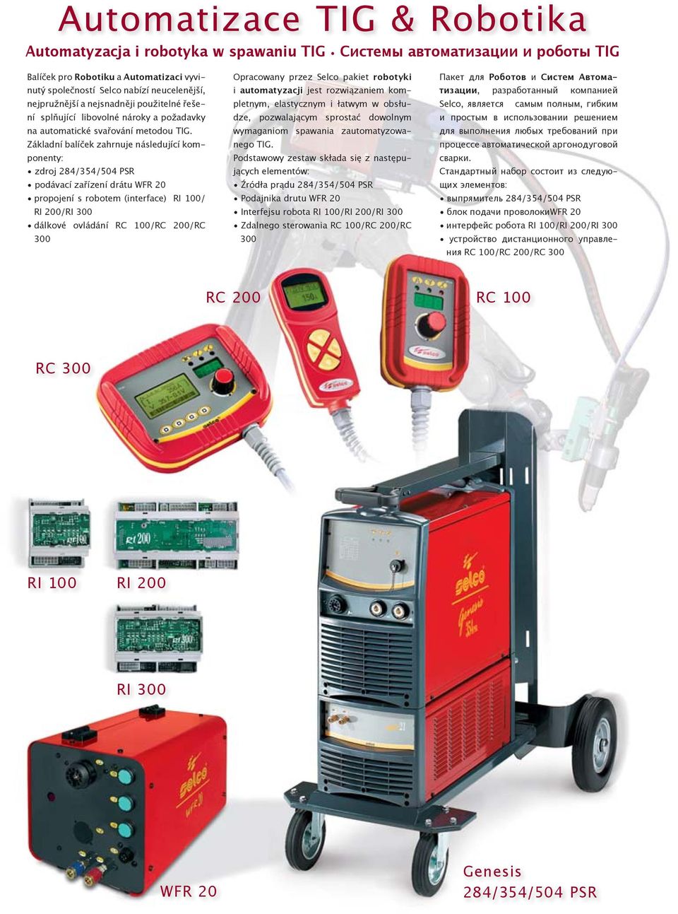 Základní balíček zahrnuje následující komponenty: zdroj 284/354/504 PSR podávací zařízení drátu WFR 20 propojení s robotem (interface) RI 100/ RI 200/RI 300 dálkové ovládání RC 100/RC 200/RC 300