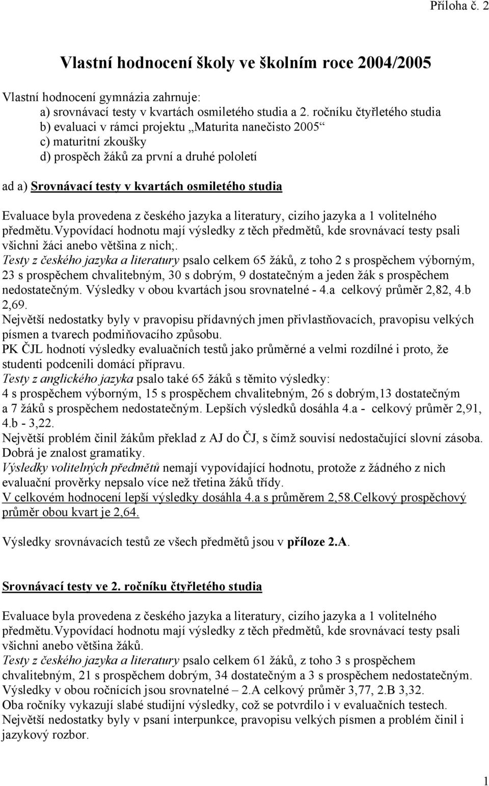 Evaluace byla provedena z českého jazyka a literatury, cizího jazyka a 1 volitelného předmětu.