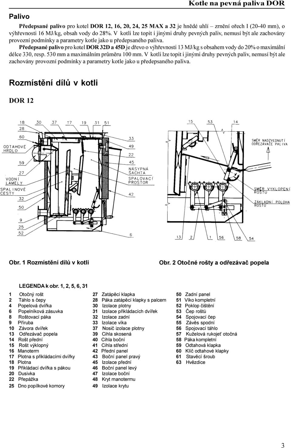 Pøedepsané palivo pro kotel DOR 32D a 45D je døevo o výhøevnosti 13 MJ/kg s obsahem vody do 20% o maximální délce 330, resp. 530 mm a maximálním prùmìru 100 mm.  Rozmístìní dílù v kotli DOR 12 Obr.