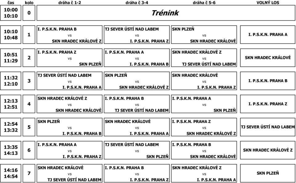 P.S.K.N. PRAHA Z 12:54 13:32 5 SKN HRADEC KRÁLOVÉ I. P.S.K.N. PRAHA Z SKN HRADEC KRÁLOVÉ Z TJ SEVER ÚSTÍ NAD LABEM 13:35 14:13 6 TJ SEVER ÚSTÍ NAD LABEM I. P.S.K.N. PRAHA Z SKN HRADEC KRÁLOVÉ SKN HRADEC KRÁLOVÉ Z 14:16 14:54 7 SKN HRADEC KRÁLOVÉ SKN HRADEC KRÁLOVÉ Z TJ SEVER ÚSTÍ NAD LABEM I.