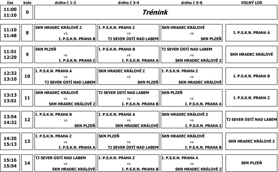 P.S.K.N. PRAHA Z 13:54 14:32 12 SKN HRADEC KRÁLOVÉ Z SKN HRADEC KRÁLOVÉ I. P.S.K.N. PRAHA Z TJ SEVER ÚSTÍ NAD LABEM 14:35 15:13 13 I. P.S.K.N. PRAHA Z SKN HRADEC KRÁLOVÉ TJ SEVER ÚSTÍ NAD LABEM SKN HRADEC KRÁLOVÉ Z 15:16 15:54 14 TJ SEVER ÚSTÍ NAD LABEM I.