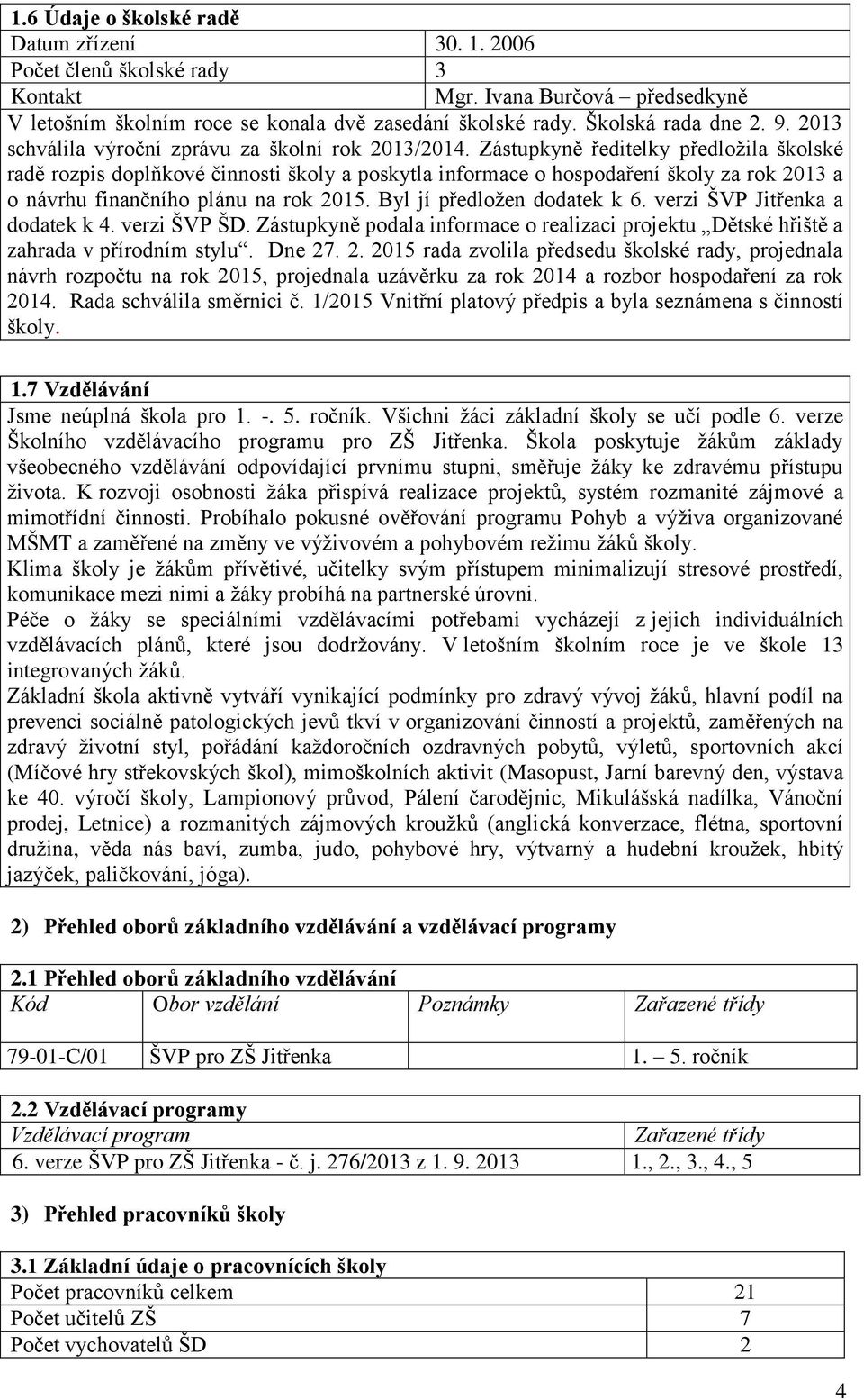 Zástupkyně ředitelky předložila školské radě rozpis doplňkové činnosti školy a poskytla informace o hospodaření školy za rok 2013 a o návrhu finančního plánu na rok 2015. Byl jí předložen dodatek k 6.