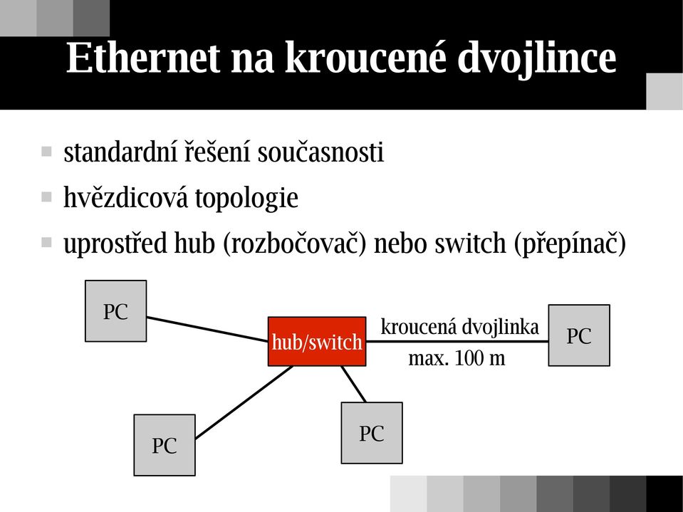 uprostřed hub (rozbočovač) nebo switch