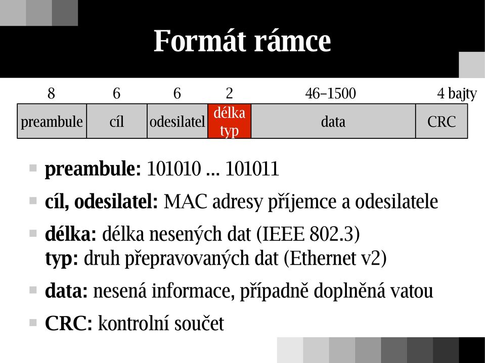 .. 101011 cíl, odesilatel: MAC adresy příjemce a odesilatele délka: délka