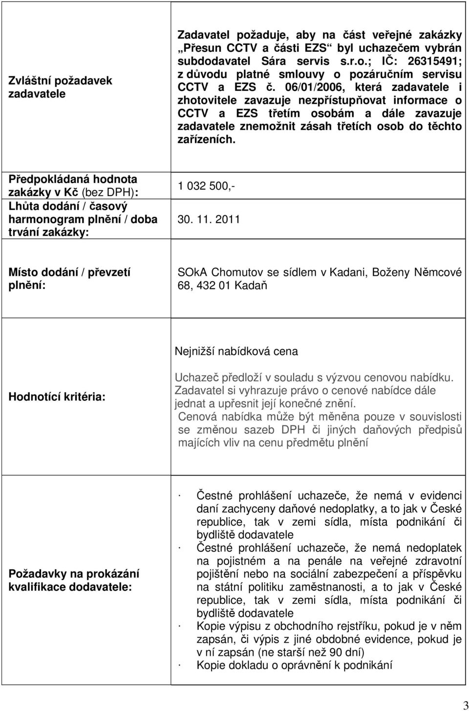 Předpokládaná hodnota zakázky v Kč (bez DPH): Lhůta dodání / časový harmonogram plnění / doba trvání zakázky: 1 032 500,- 30. 11.