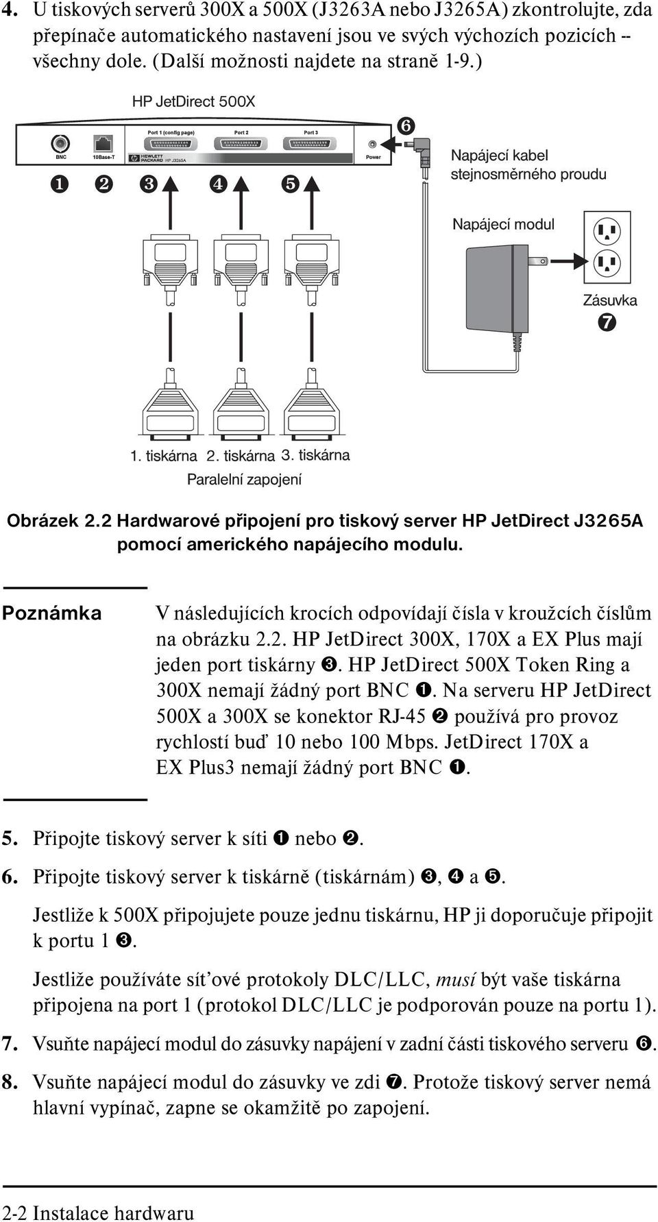 HP JetDirect 500X Token Ring a 300X nemají žádný port BNC ➊. Na serveru HP JetDirect 500X a 300X se konektor RJ-45 ➋ používá pro provoz rychlostí buï 10 nebo 100 Mbps.