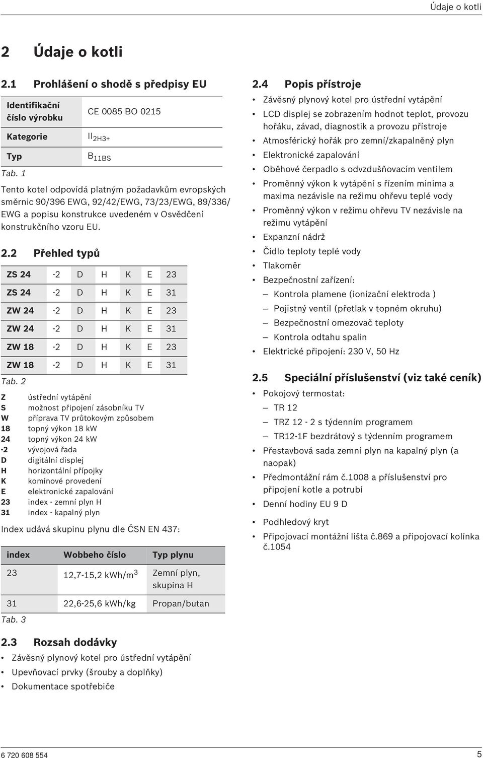 2 Přehled typů CE 0085 BO 0215 B 11BS ZS 24-2 D H K E 23 ZS 24-2 D H K E 31 ZW 24-2 D H K E 23 ZW 24-2 D H K E 31 ZW 18-2 D H K E 23 ZW 18-2 D H K E 31 Tab.