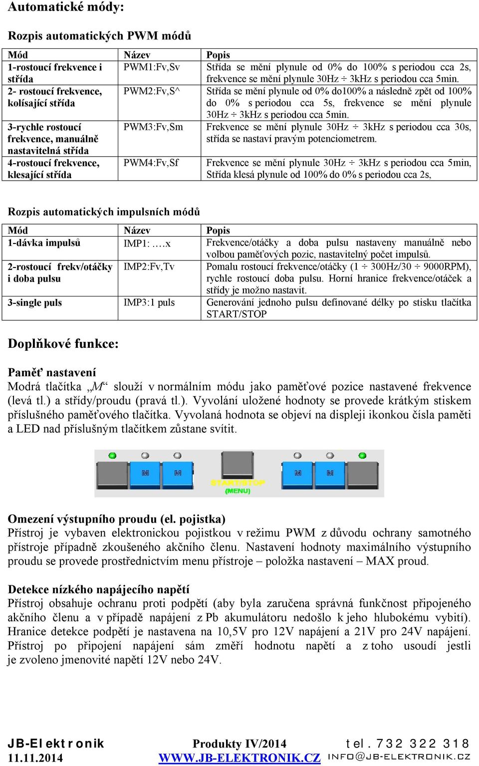 2- rostoucí frekvence, kolísající střída PWM2:Fv,S^ Střída se mění plynule od 0% do100% a následně zpět od 100% do 0% s periodou cca 5s, frekvence se mění plynule 3-rychle rostoucí frekvence,