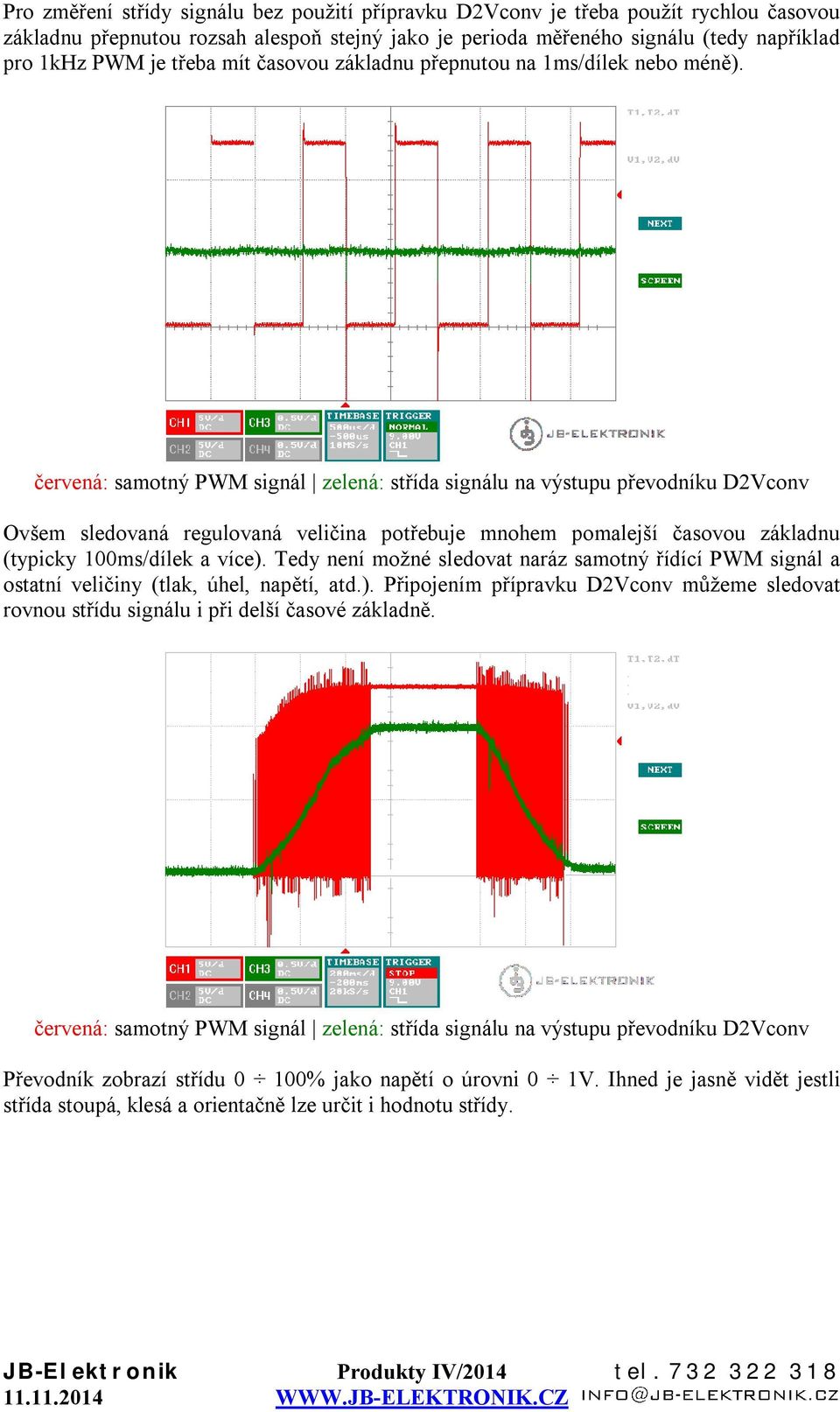 červená: samotný PWM signál zelená: střída signálu na výstupu převodníku D2Vconv Ovšem sledovaná regulovaná veličina potřebuje mnohem pomalejší časovou základnu (typicky 100ms/dílek a více).