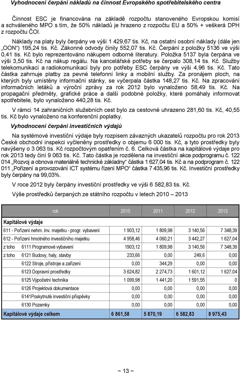 Kč. Čerpání z položky 5136 ve výši 0,41 tis. Kč bylo reprezentováno nákupem odborné literatury. Položka 5137 byla čerpána ve výši 3,50 tis. Kč na nákup regálu.