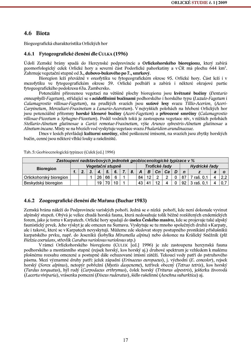 1 Fytogeografické členění dle CULKA (1996) Údolí Zemské brány spadá do Hercynské podprovincie a Orlickohorského bioregionu, který zabírá geomorfologický celek Orlické hory a severní část Podorlické