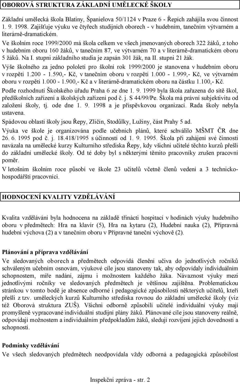 Ve školním roce 1999/2000 má škola celkem ve všech jmenovaných oborech 322 žáků, z toho v hudebním oboru 160 žáků, v tanečním 87, ve výtvarném 70 a v literárně-dramatickém oboru 5 žáků. Na I.