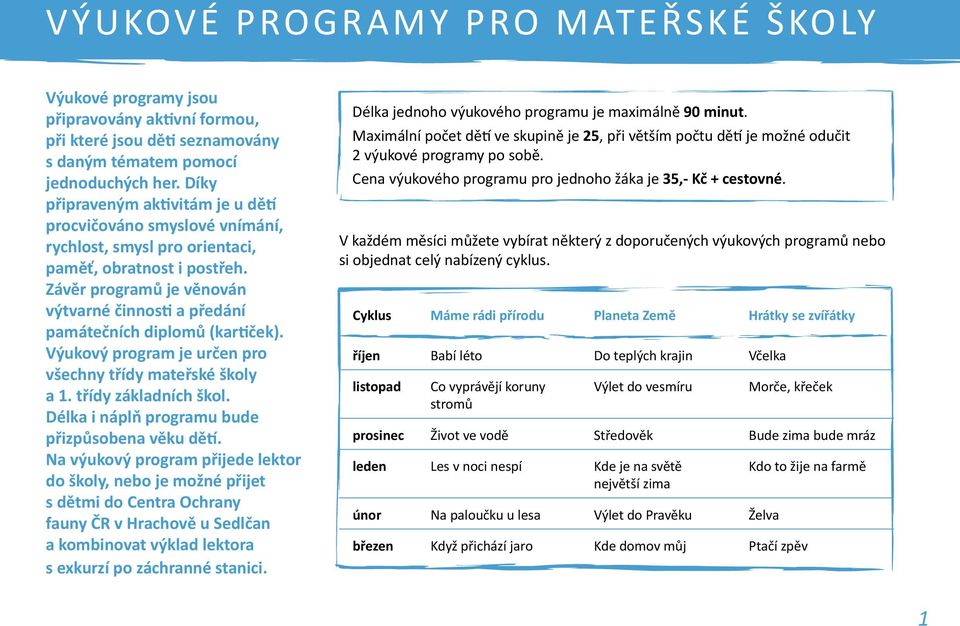 Závěr programů je věnován výtvarné činnosti a předání památečních diplomů (kartiček). Výukový program je určen pro všechny třídy mateřské školy a 1. třídy základních škol.