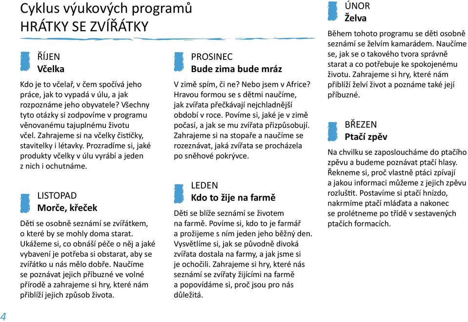 Prozradíme si, jaké produkty včelky v úlu vyrábí a jeden z nich i ochutnáme. listopad Morče, křeček Děti se osobně seznámí se zvířátkem, o které by se mohly doma starat.