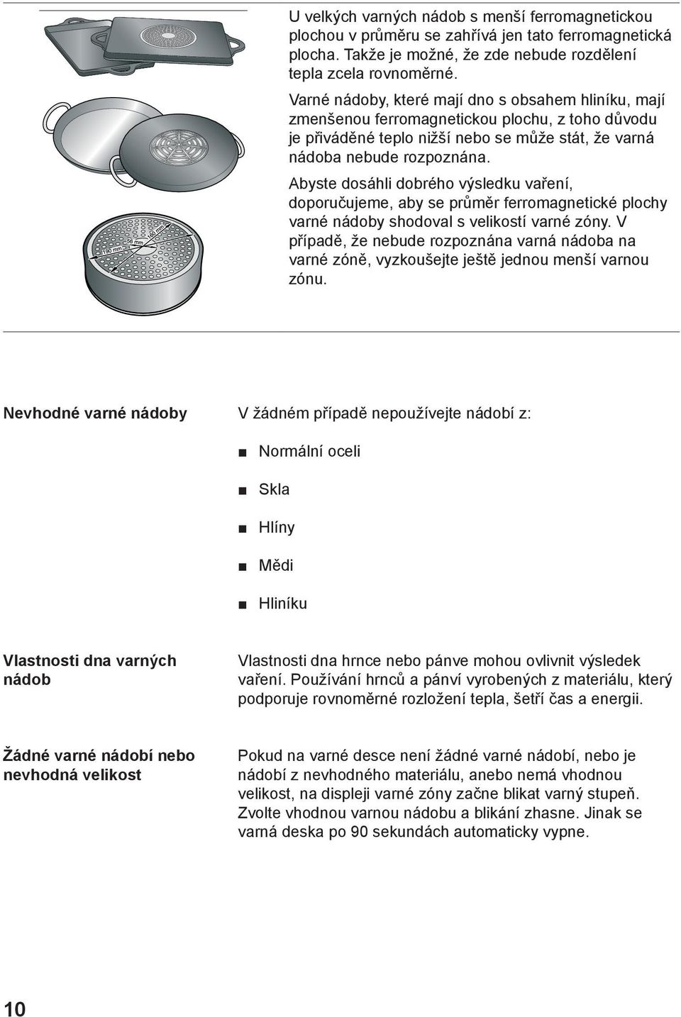 Abyste dosáhli dobrého výsledku vaření, doporučujeme, aby se průměr ferromagnetické plochy varné nádoby shodoval s velikostí varné zóny.