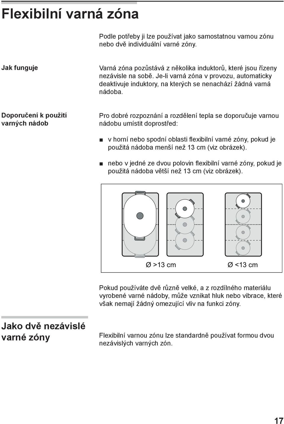 Doporučení k použití varných nádob Pro dobré rozpoznání a rozdělení tepla se doporučuje varnou nádobu umístit doprostřed: v horní nebo spodní oblasti flexibilní varné zóny, pokud je použitá nádoba