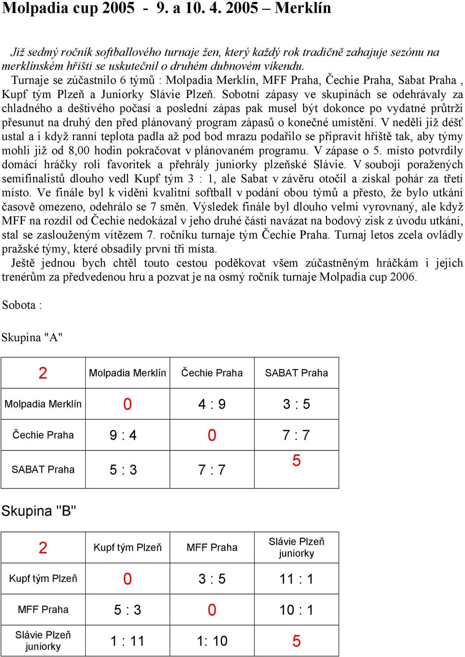 Sobotní zápasy ve skupinách se odehrávaly za chladného a deštivého počasí a poslední zápas pak musel být dokonce po vydatné průtrži přesunut na druhý den před plánovaný program zápasů o konečné