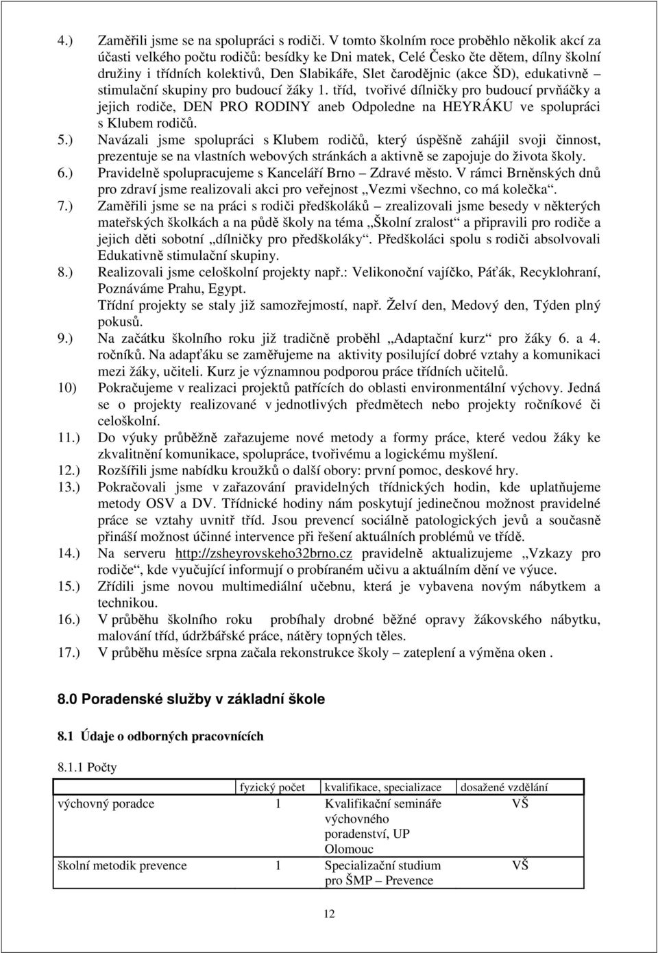 ŠD), edukativně stimulační skupiny pro budoucí žáky 1. tříd, tvořivé dílničky pro budoucí prvňáčky a jejich rodiče, DEN PRO RODINY aneb Odpoledne na HEYRÁKU ve spolupráci s Klubem rodičů. 5.