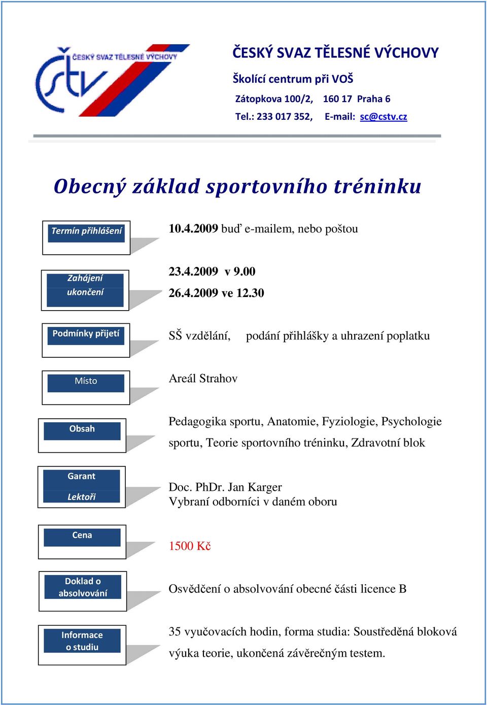 30 Podmínky přijetí SŠ vzdělání, podání přihlášky a uhrazení poplatku Místo Areál Strahov Obsah Pedagogika sportu, Anatomie, Fyziologie, Psychologie sportu, Teorie sportovního