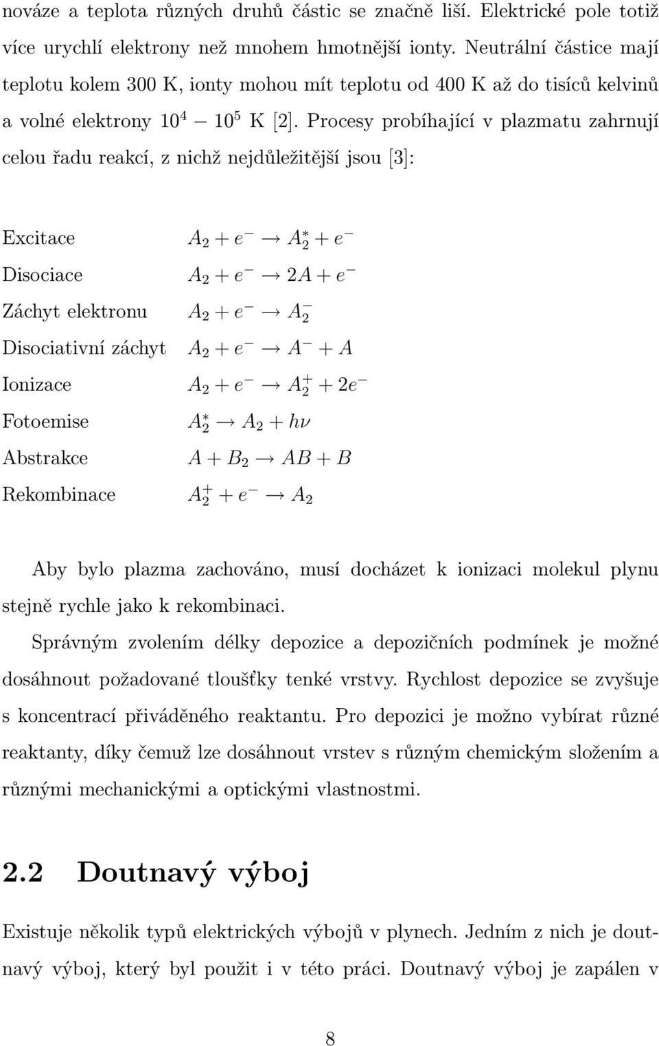 Procesy probíhající v plazmatu zahrnují celou řadu reakcí, z nichž nejdůležitější jsou [3]: Excitace Disociace A 2 + e A 2 + e A 2 + e 2A + e Záchyt elektronu A 2 + e A 2 Disociativní záchyt A 2 + e