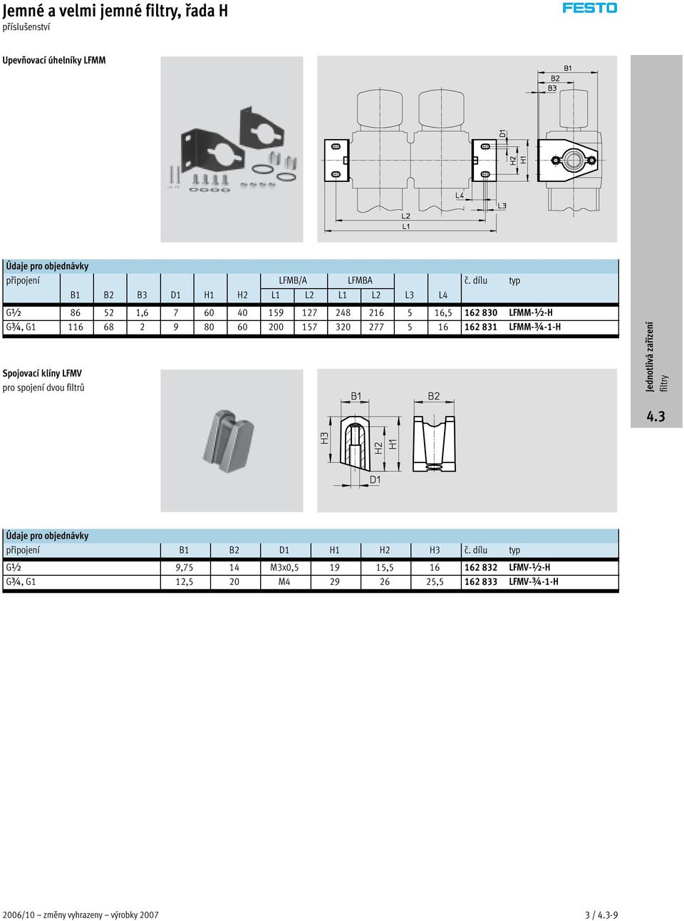 200 157 320 277 5 16 162 831 LFMM-¾-1-H Spojovací klíny LFMV pro spojení dvou filtrů Údaje pro objednávky připojení B1 B2 D1 H1 H2