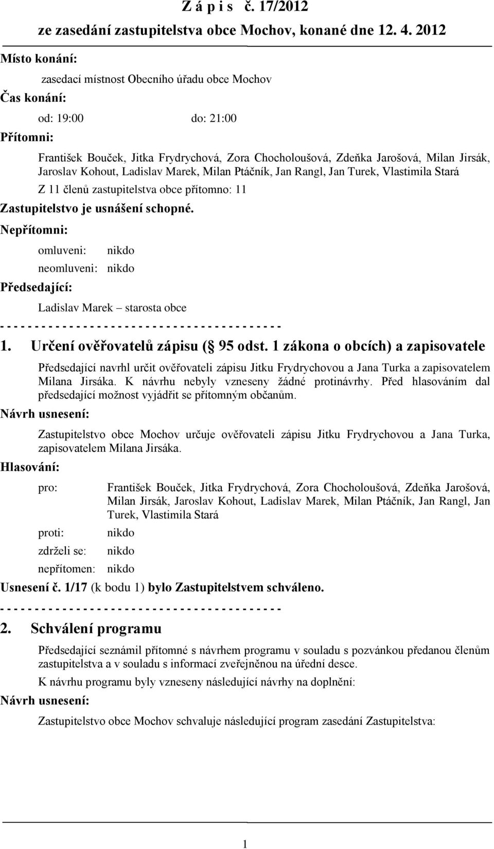 1 zákona o obcích) a zapisovatele Předsedající navrhl určit ověřovateli zápisu Jitku Frydrychovou a Jana Turka a zapisovatelem Milana Jirsáka. K návrhu nebyly vzneseny žádné protinávrhy.