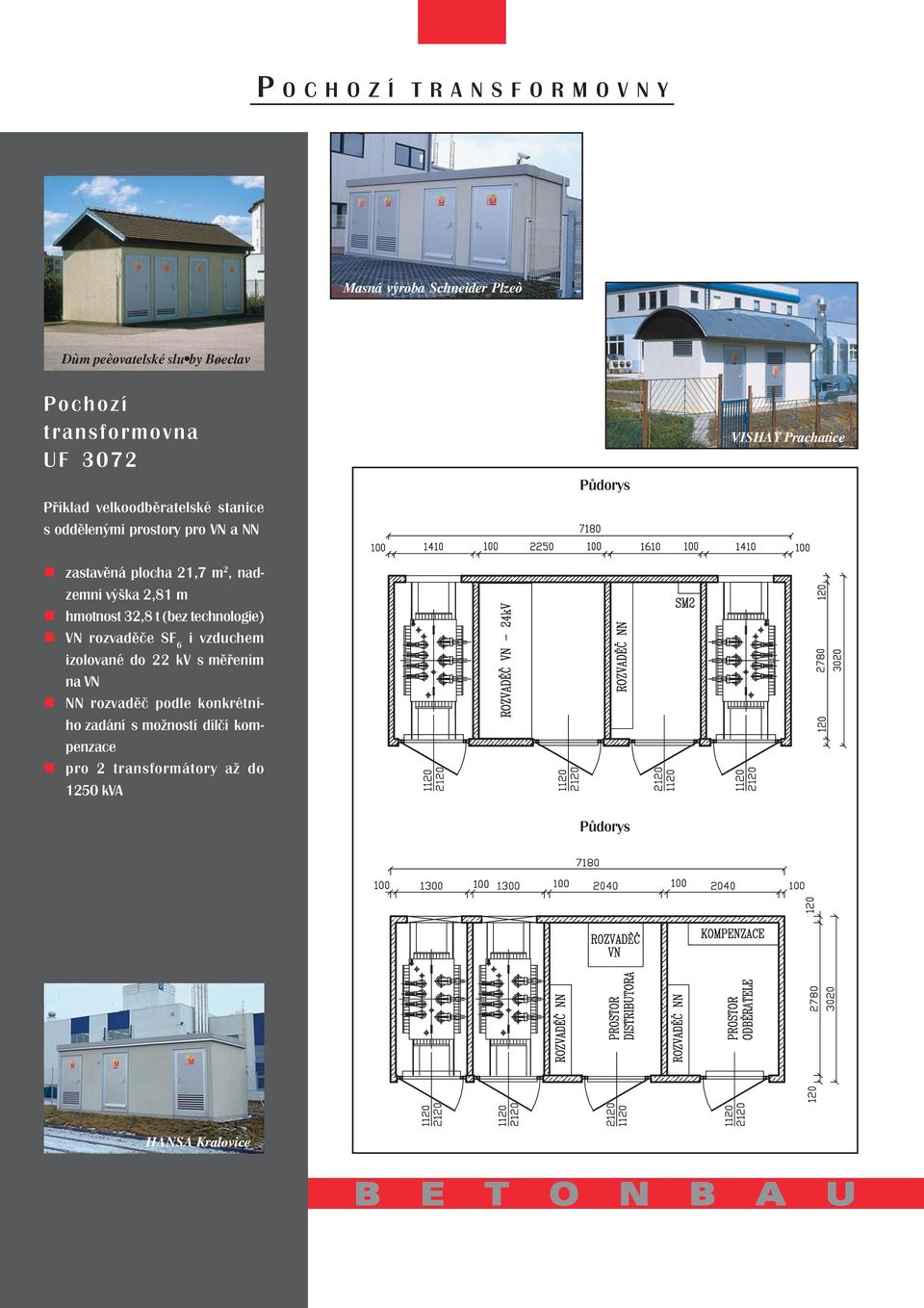 hmotnost 32,8 t (bez technologie) i vzduchem izolované do 22 kv s měřením na VN NN rozvaděč