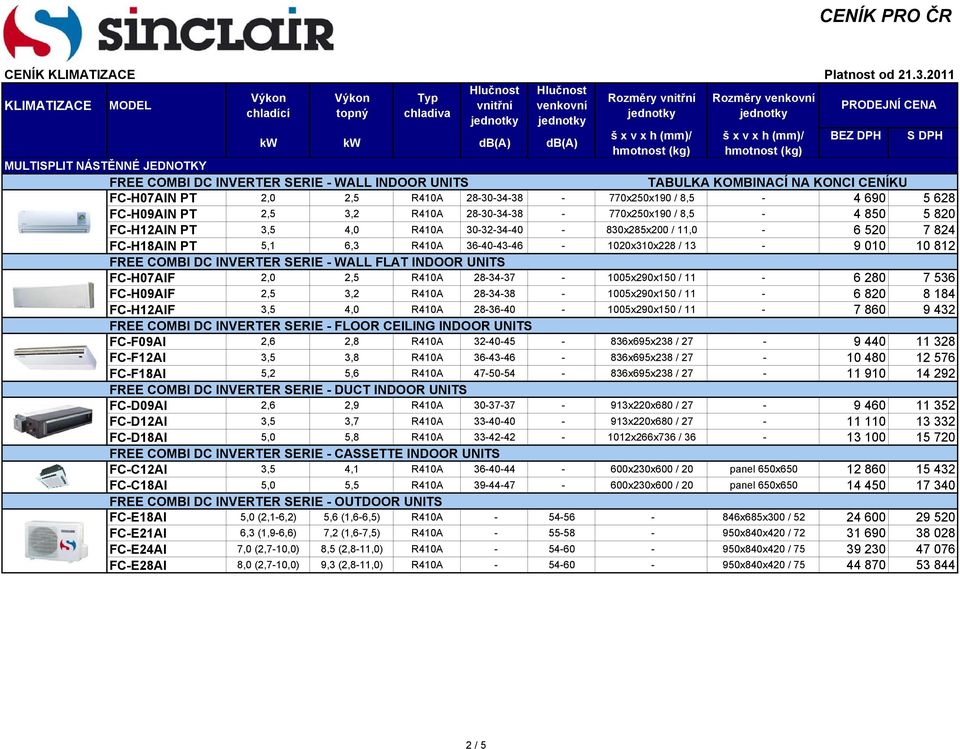 FREE COMBI DC INVERTER SERIE - WALL FLAT INDOOR UNITS FC-H07AIF 2,0 2,5 R410A 28-34-37-1005x290x150 / 11-6 280 7 536 FC-H09AIF 2,5 3,2 R410A 28-34-38-1005x290x150 / 11-6 820 8 184 FC-H12AIF 3,5 4,0