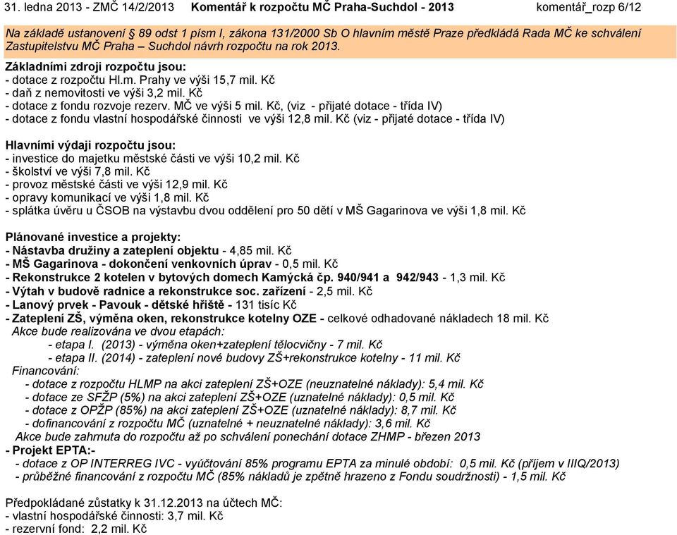 Kč - dotace z fondu rozvoje rezerv. MČ ve výši 5 mil. Kč, (viz - přijaté dotace - třída IV) - dotace z fondu vlastní hospodářské činnosti ve výši 12,8 mil.