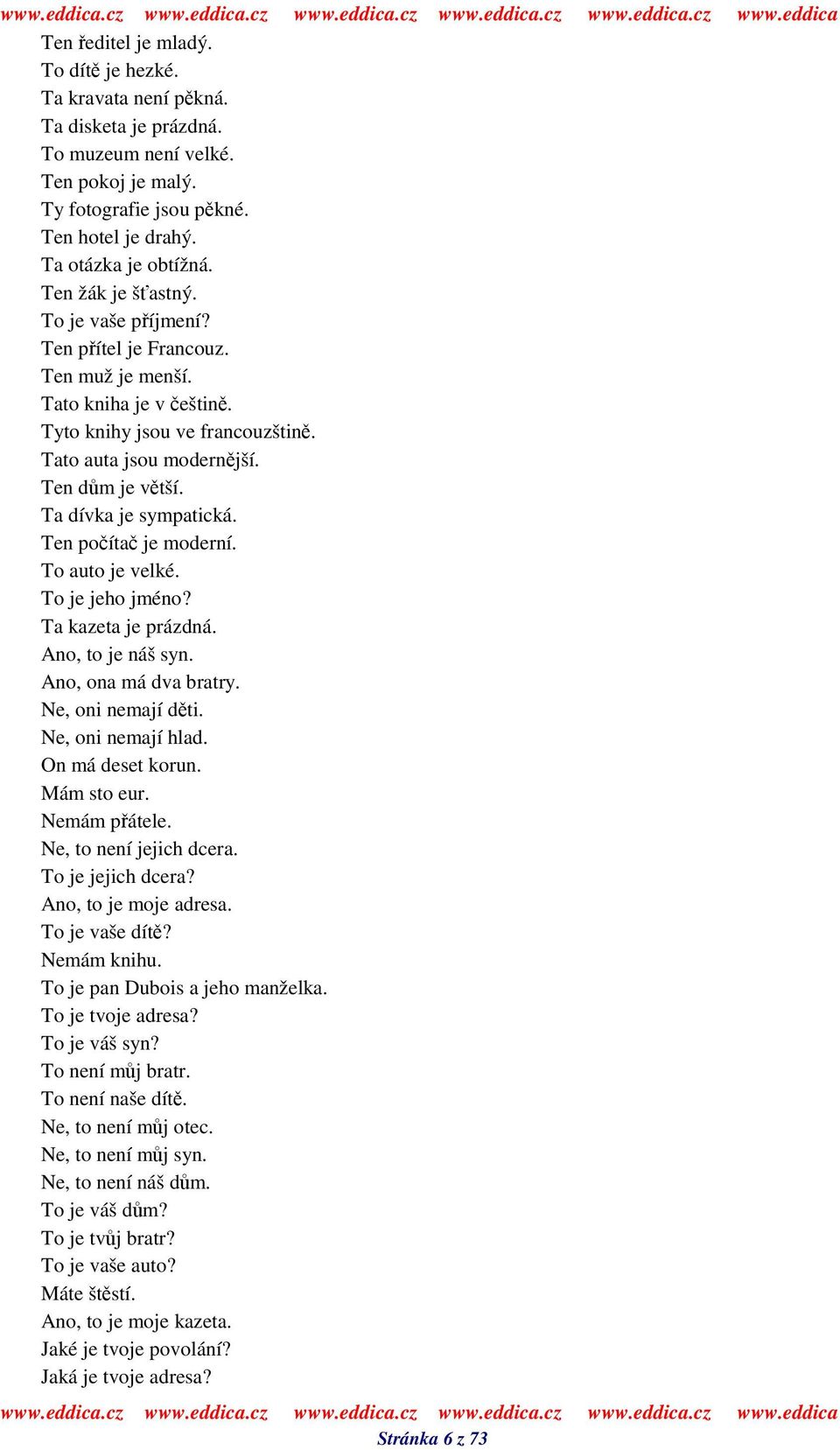 Ta dívka je sympatická. Ten poíta je moderní. To auto je velké. To je jeho jméno? Ta kazeta je prázdná. Ano, to je náš syn. Ano, ona má dva bratry. Ne, oni nemají dti. Ne, oni nemají hlad.