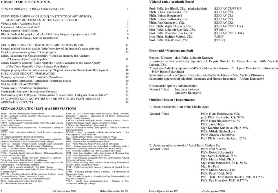 ÚDU V ROCE 2006 / THE INSTITUT OF ART HISTORY IN 2006 11 Stručný přehled hlavních aktivit / Brief overview of the Institute s main activities 11 Projekty podporované granty / Grant projects 13 Granty